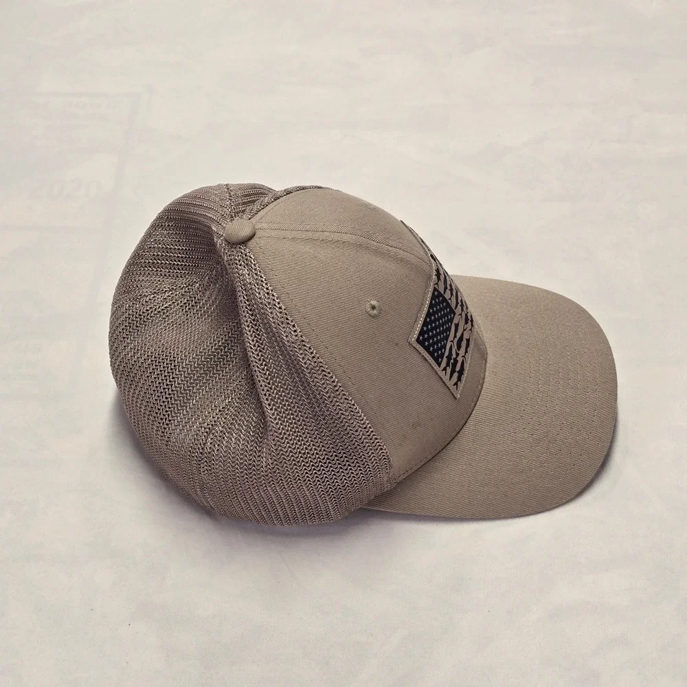 Columbia PFG Performance Fishing‎ Hat Tan Mesh American Flag Fish Logo Cap L/XL